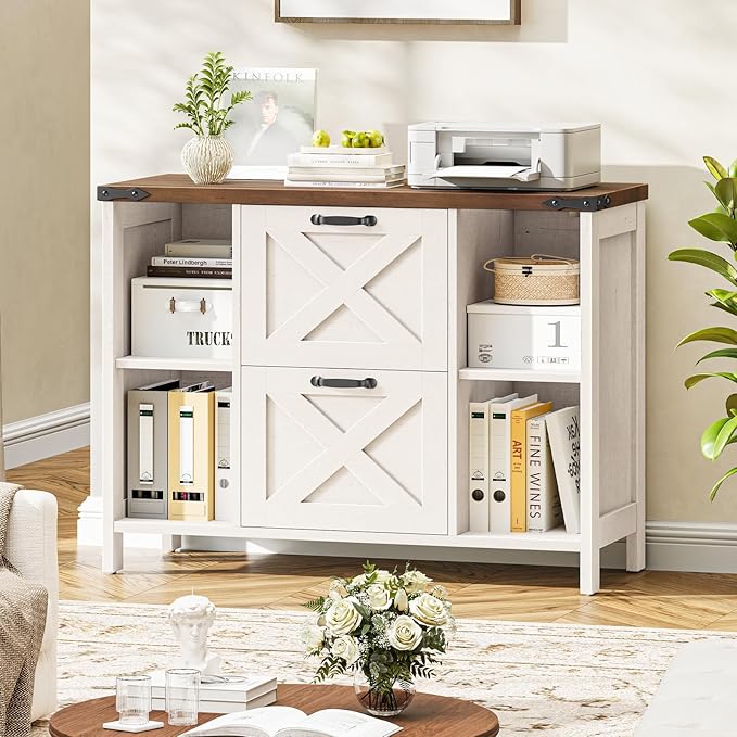 2 Drawer File Cabinet, Farmhouse Lateral Filing Cabinet Fits File Letter or A4 Size, Wooden Printer Stand with Open Storage Adjustable Shelf for Home Office, Rustic White