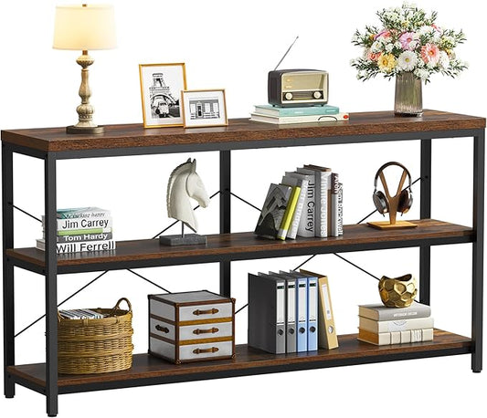 Semoic 3-Tier Industrial Bookshelf, Wide Wood Horizontal Bookcase, Open Large Book Shelf with Metal Frame, Display Rack Shelving Unit, Storage Organizer for Living Room, Bedroom & Study, Brown