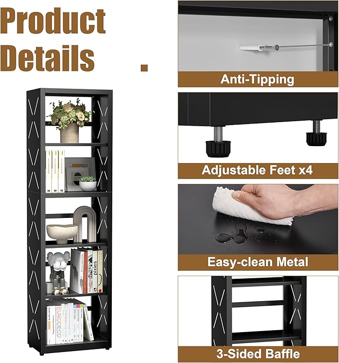 5 Tier Bookshelf, 55"Tall Metal Bookcase with Adjustable Shelves, Modern Display Book Shelf, Black Bookcase Shelf, Utility Shelf, Storage Shelves for Office, Living Room, Kitchen, Study-16"W