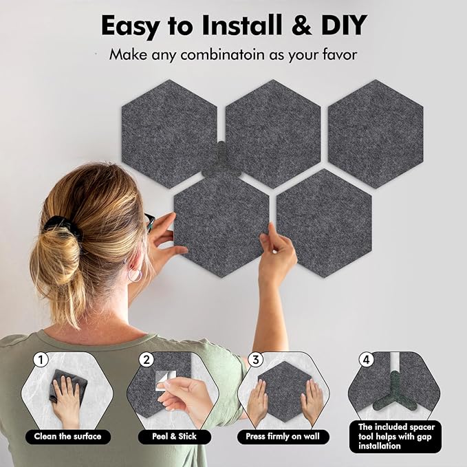 8-Pack Hexagon Felt Cork Board with 80 Push Pins, 1/2" Thick Felt Bulletin Pinboard with Adhesive Tabs, Geometric DIY Cork Board Wall Tiles for Home Office Classroom (Dark Grey)