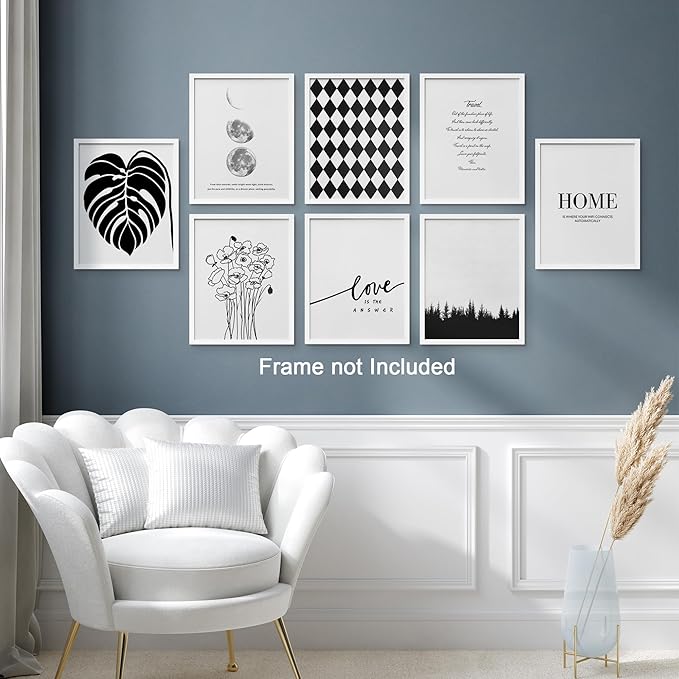 SIGNWIN Adhesive Canvas Poster Bathroom Decor, Wall Art Room Decor Multicolor for Living Room, Bedroom, Office Black White Monstera Leaf Love Home Typography Nature Abstract Shapes - 8"x10"x 8