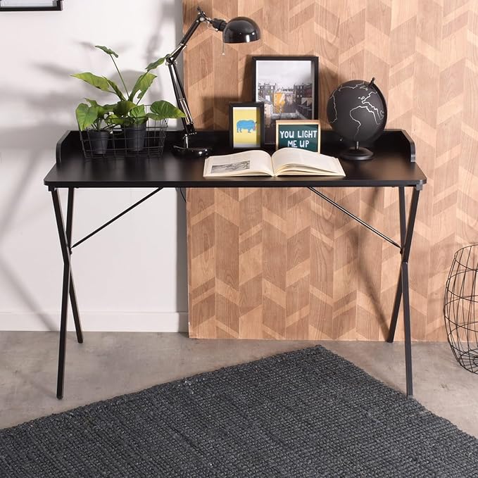 Homy Casa Modern Black Computer Desk with X-Frame Metal Legs, 47.2" x 19.7" Writing Table, Raised Edge, Minimalist Home Office Workstation