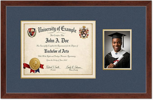 CountryArtHouse Fits 13 x 10 College Diploma (Traditional) and 5 x 7 Photo Diploma and Photo Frame Rustic Walnut Genuine Hardwood with Navy Blue Over Metallic Gold Double mat