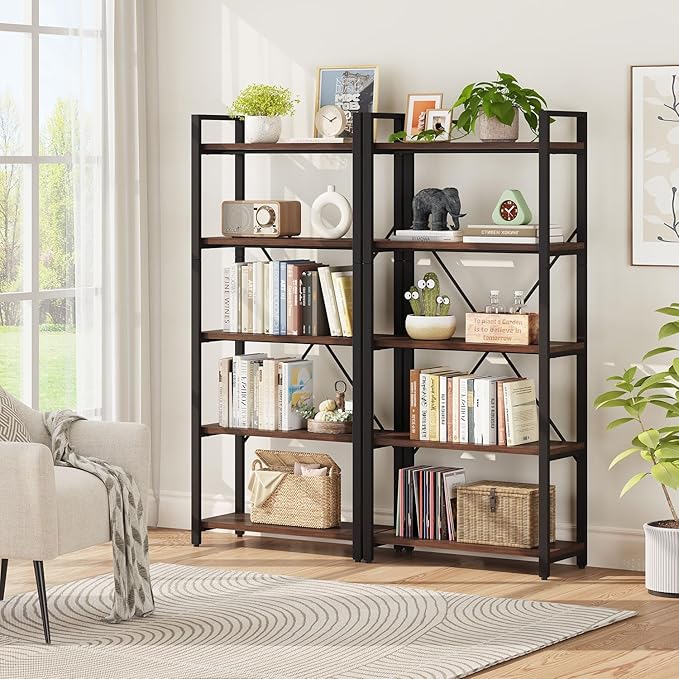 FATORRI 5 Tier Industrial Bookshelf, Rustic Etagere Bookcase for Display, Vintage Shelving Unit Wood and Metal Tall Book Shelves for Home Office (Walnut Brown)