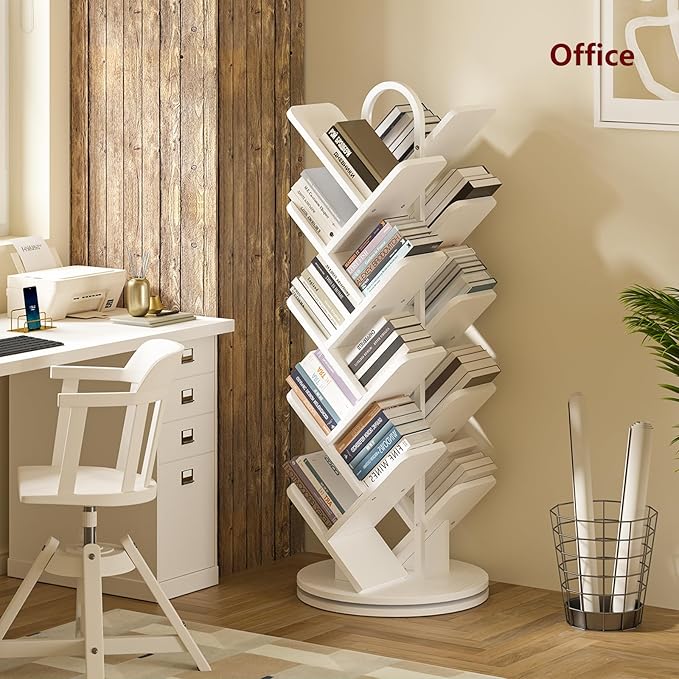 TVU 16-Tier Tree Rotating Bookshelf, 360 Degree Spinning Standing Bookcase for Magazines DVDs Books, Corner Bookcase for Living Room Bedroom Study, White