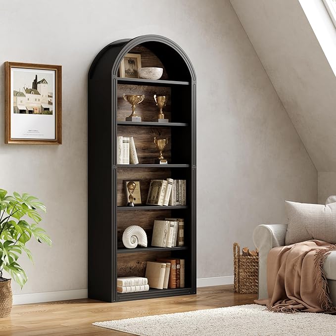 LITTLE TREE 6-Tier Bookcase, 77" Tall Bookshelf with Arched Top, Large Freestanding Wooden Open Bookcase Bookshelf, Modern Display Book Shelf for Living Room, Bedroom, Office, Library, Black Brown