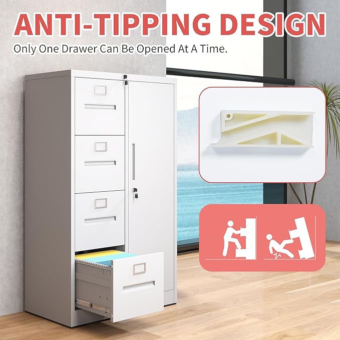 4 Drawer Metal File Cabinet with 1 Door,Steel Storage Locker Cabinets for Employees,Home Office White Filing Cabinets for Legal/Letter Size Files,Assembly Required