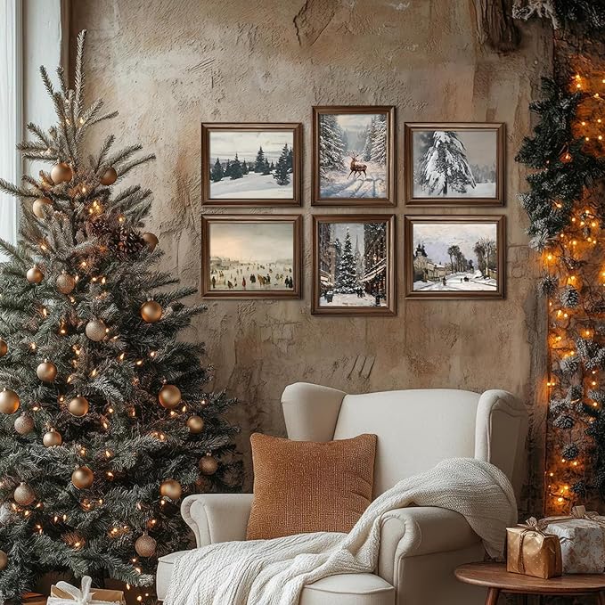 Hwetui Vintage Christmas Canvas Wall Art Poster Set of 6, Winter Tree Reindeer Pictures Wall Decor, Forest Snowy Landscape Paintings Prints Artwork for Home Living Room Bedroom 8×10 inch Unframed