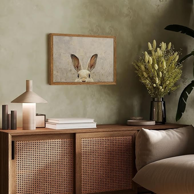 AVECCO Framed Vintage Funny Bunny Easter Wall Art, Cute Farmhouse Aesthetic Wall Decor, Easter Rabbit Art Prints for Bathroom Living Room Bedroom Dining Room Office Decoration Ready to Hang 12x16 inch