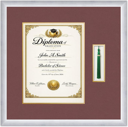CountryArtHouse Diploma and Tassel Frame Fits 10 x 13 College Diploma (Portrait Traditio Stainless Silver Genuine Hardwood Shadowbox with Dark Red Over Metallic Gold Double mat