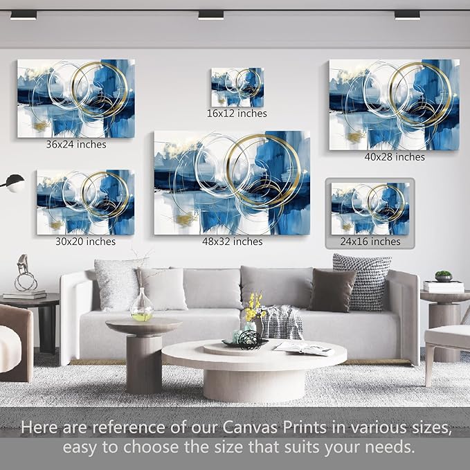gaosoul Minimalist Abstract Canvas Wall Art Blue and Gold Doodles on White Background Painting Prints Stylish Framed Artwork for Living Room Bedroom Office Decor 24x16in