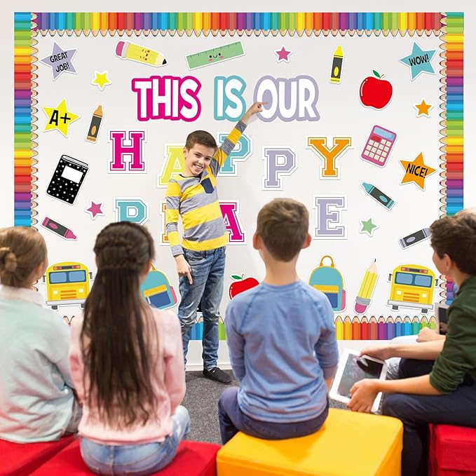 This is Our Happy Place Classroom Decor Welcome Back to School Bulletin Board Set DIY Paper Die Cuts Decorating Supplies for First Day of School Craft Classroom Wall Decor