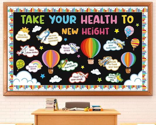 gisgfim Hot Air Balloon Healthy Bulletin Board Set Classroom Decoration Healthy Habits Paper Cutouts Colorful Bulletin Board Borders for Classroom Back to School Chalkboard Wall Decoration Supplies