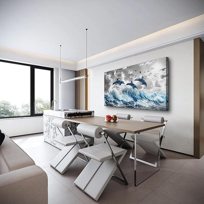 Wapluam Large Wall Decor For Living Room Framed Canvas Wall Art For Bedroom Blue Waves Of The Sea Wall Pictures Artwork Fashion Office Canvas Art Prints Dolphins Seascape Paintings Home Decoration