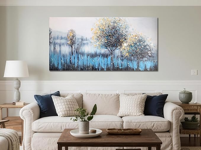 Arjun Large Canvas Wall Art for Living Room Landscape Bedroom Teal Painting Forest Textured Picture Modern Panoramic Nature Artwork Home Office Wall Decor, 48"x24"