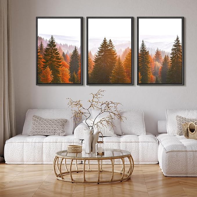SIGNFORD Framed Wall Art Print Set Golden Autumn Forest Warm Sunrise Landscape Digital Art Modern Art Contemporary for Living Room, Bedroom, Office - 24"x36"x3 Black