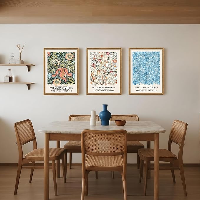 SYWENNOI 3 Pieces William Morris Textured Canvas Wall Art, Green Blue and Beige Botanical Designs Wall Decor, Vintage Floral Art Prints for Living Room Bedroom Home Decoration 16x24 Inch Wood Frames