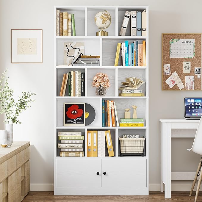 IRONCK 71" Tall Bookcases with 2 Doors, 6-Tier 13 Cubes Modern Bookshelf with Storage Shelves for Living Room Home Office, White