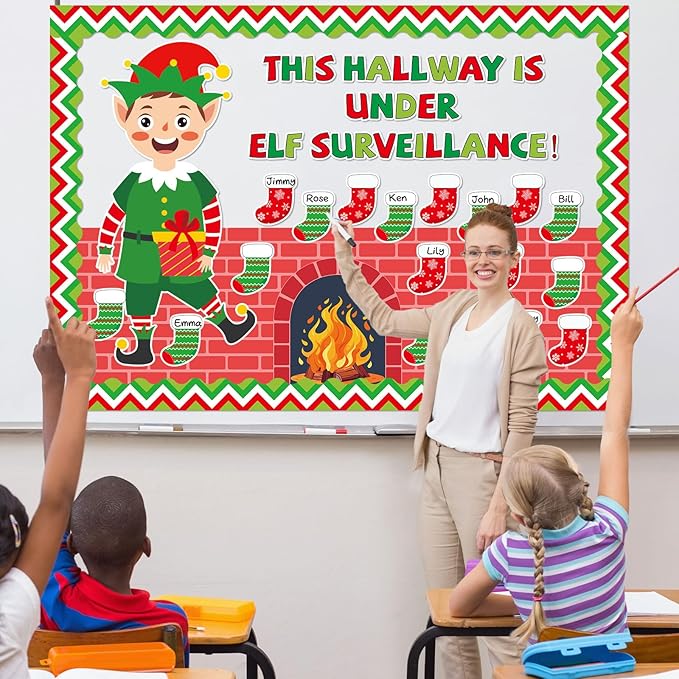 Christmas Bulletin Board Set Xmas Elf Hearth Classroom Bulletin Board Decorations Elf Fireplace Christmas Cutouts Classroom Decorations for Back to School Office Home Chalkboard Decor Wall Door