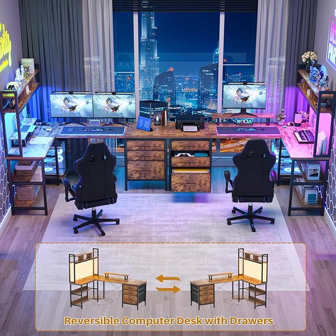 Aheaplus L Shaped Desk with Hutch, Gaming Desk with Led Lights, Reversible Computer Desk with Power Outlet, Corner Desk with File Drawer & Monitor Stand, Storage Shelves for Home, F1, Rustic Brown