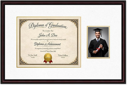 Diploma Frame With Photo Opening Executive Brown Oyster Shell Over Gold Mat - Fits 14 x 11 Degree and Picture Made in the USA