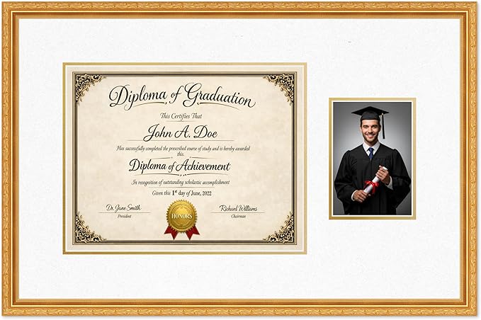 Diploma Frame With Photo Opening Museum Gold Oyster Shell Over Gold Mat - Fits 14 x 11 Degree and Picture Made in the USA