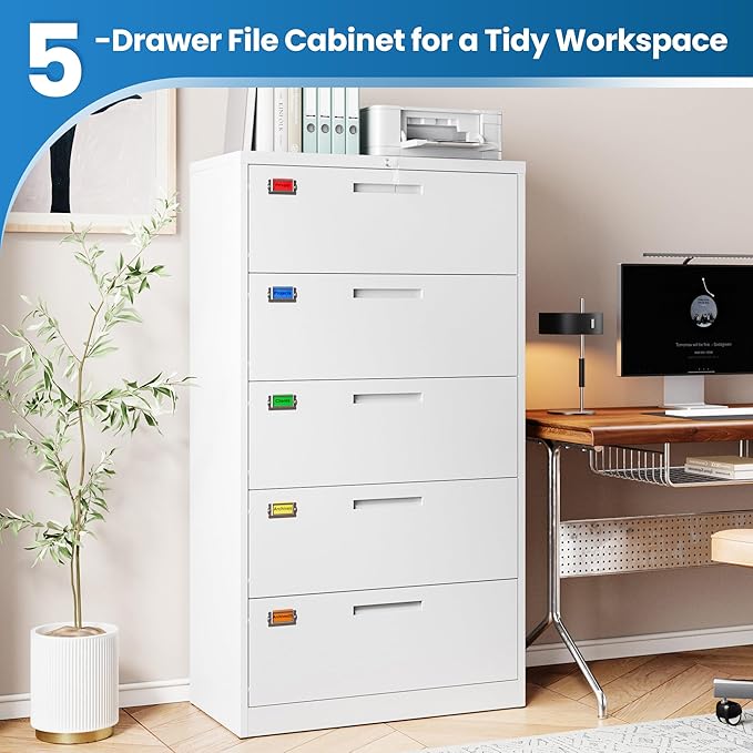 5 Drawer File Cabinet, Lateral Filing Cabinets for Home Office, Office Storage Drawers with Lock, Hanging Files Legal/Letter A4 Size (Assemble Required,White)
