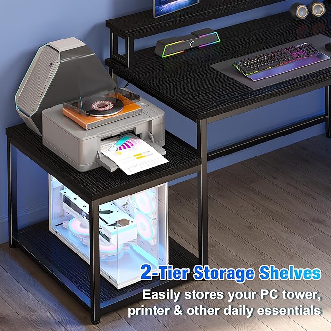 EnHomee 56" Medium L Shaped Gaming Desk with LED & Power Outlets,Computer Desk with Monitor Stand & Print Stand for Home Office,Reversible Corner Gaming Table with Storage Shelf & Hooks,Black