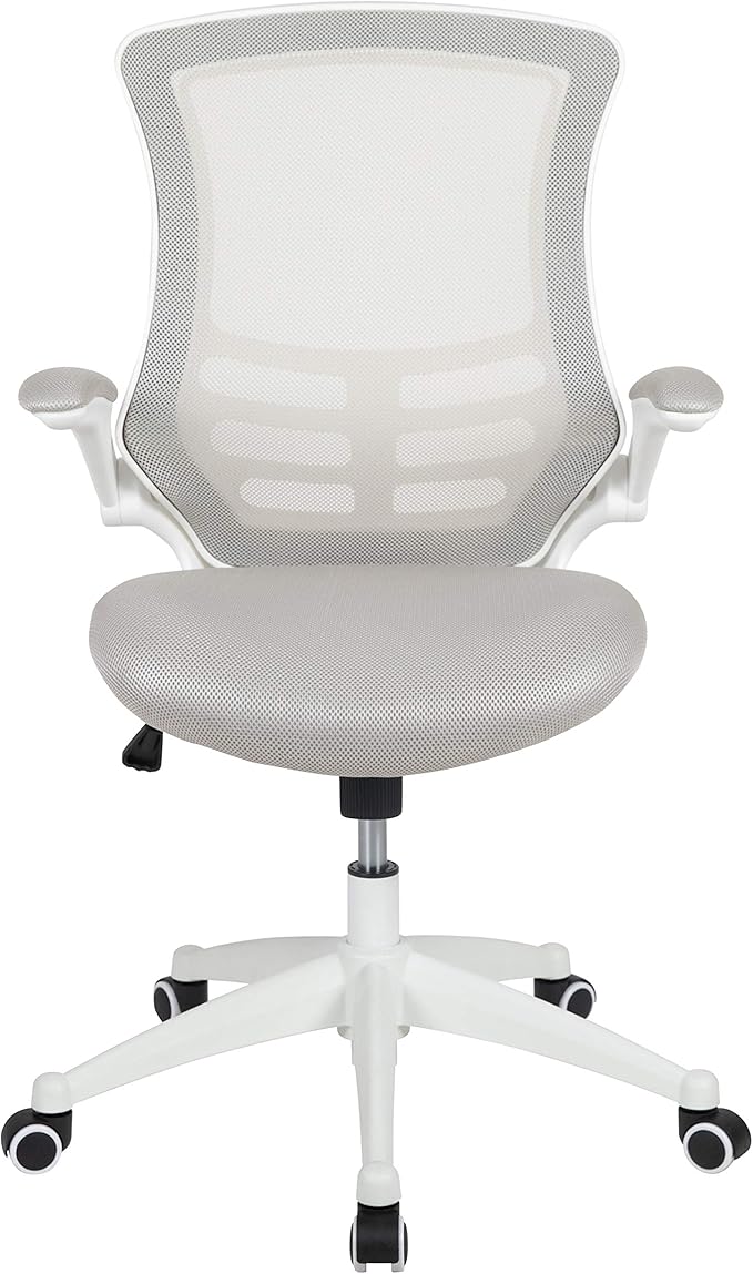 Flash Furniture Kelista Mid-Back Swivel Office Chair with Adjustable Lumbar Support and Seat Height, Ergonomic Mesh Desk Chair with Flip-Up Armrests, Gray/White
