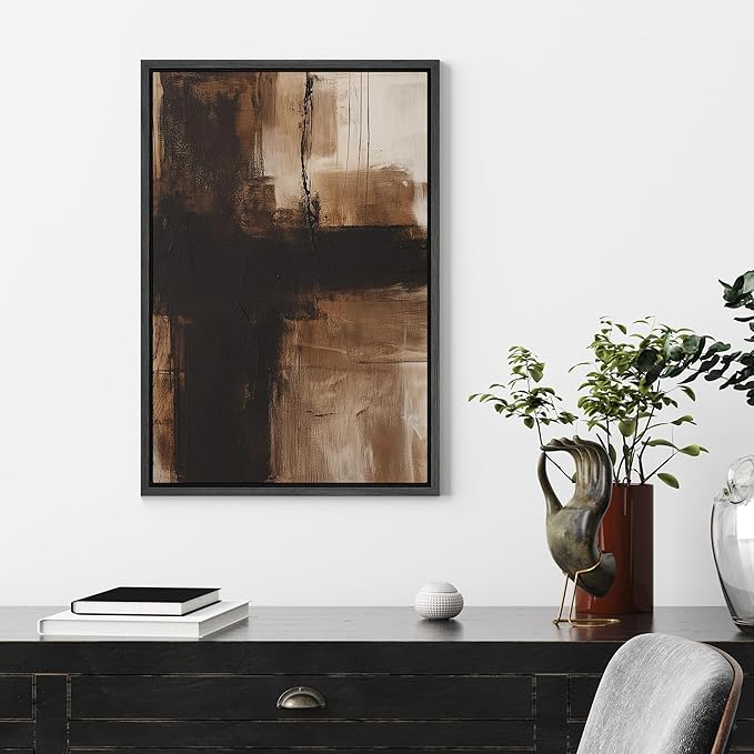 SIGNFORD Framed Canvas Print Wall Art Brown and Black Abstract Cross Brushstroke Illustrations Digital Art Modern Art Decorative Multicolor Rustic Minimal for Bedroom - 24"x36" BLACK