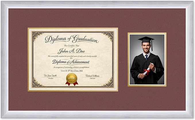 Diploma Frame With Photo Opening Stainless Silver Dark Red Over Gold Mat - Fits 11.69 x 8.27 Degree and Picture Made in the USA