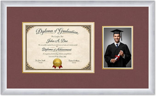 Diploma Frame With Photo Opening Stainless Silver Dark Red Over Gold Mat - Fits 11.69 x 8.27 Degree and Picture Made in the USA