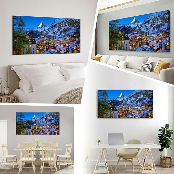 Aerial View Zermatt Valley and Matterhorn Peak at Dawn Canvas Wall Art Large Framed Prints Pictures Wall Decor Posters Painting Artwork for Living Room Bedroom Kitchen Bathroom 12x24