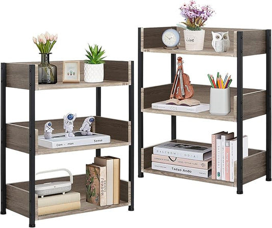 VECELO Bookshelf,Small Bookcase,3-Tier Storage Organizer,Industrial Shelving Unit for Living Room,Classroom,Office,Dormitory,Set of 2,Brown