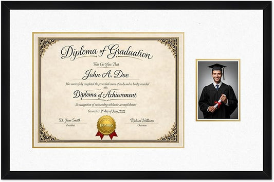 Diploma Frame With Photo Opening Matte Black Oyster Shell Over Gold Mat - Fits 17 x 13 Degree and Picture Made in the USA