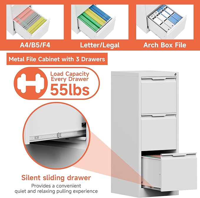 3 Drawer File Cabinet with Lock, Printer Stand, Office Filing Organizer, for A4 and Letter Size Files,Assembly Required(White)