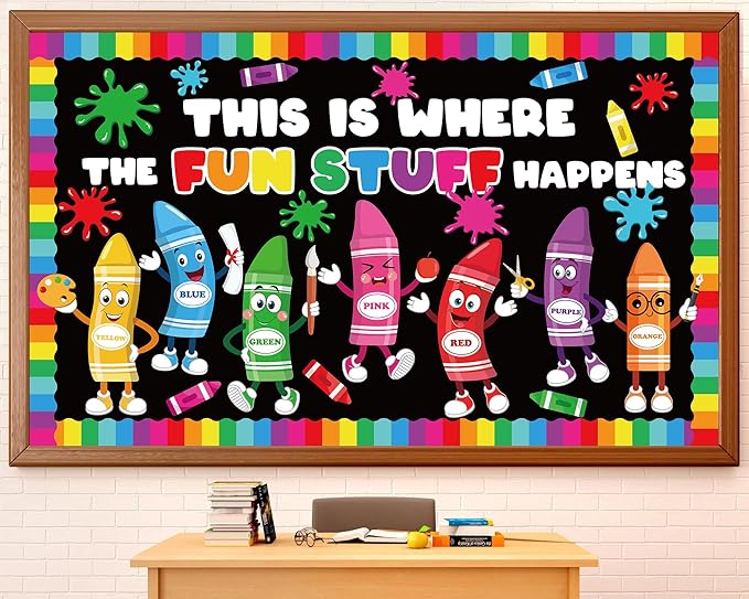 gisgfim Color Crayon Bulletin Board Decorations Set This is Where The Fun Classroom Decor Colorful Crayons Paper Cutouts Back to School Bulletin Board Decor for School Home Chalkboard Wall