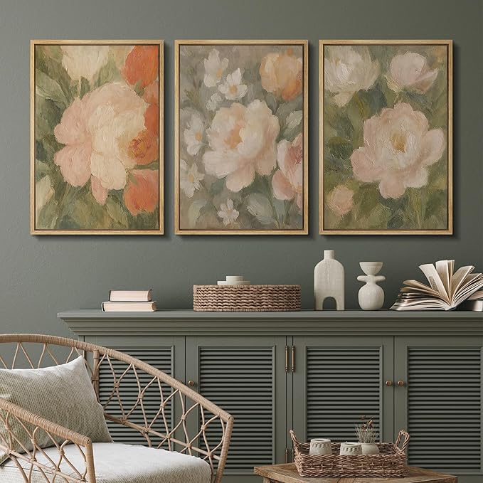 SIGNFORD Framed Wall Art Print Set Soft Pastel Peony Floral Romantic Botanical Digital Art Modern Art Contemporary for Living Room, Bedroom, Office - 16"x24"x3 NATURAL
