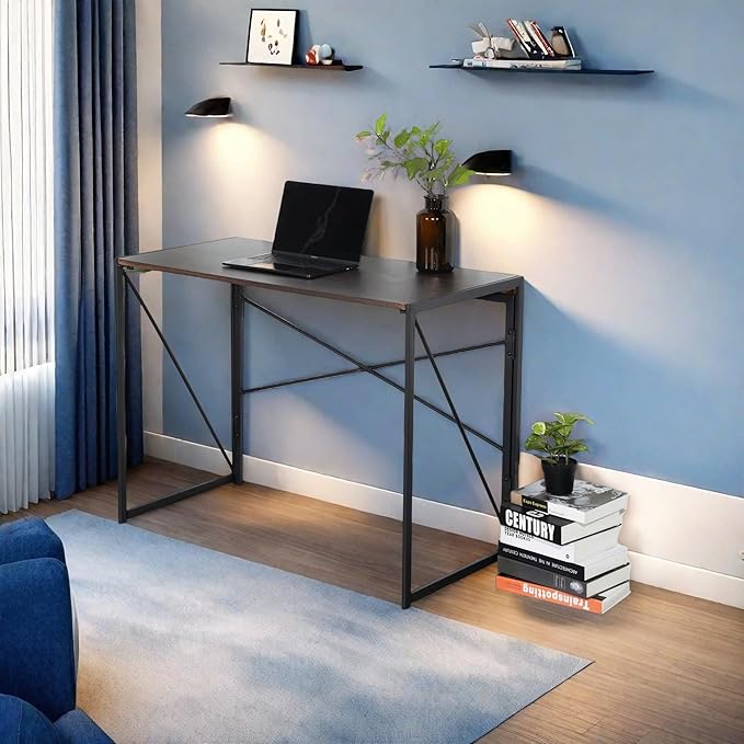 Homy Casa 39.4 Inch Foldable Laptop Desk, Space-Saving Computer Table with No Assembly Required, Sturdy Metal Frame, Minimalist Design for Home Office, Study, or Small Spaces, Walnut