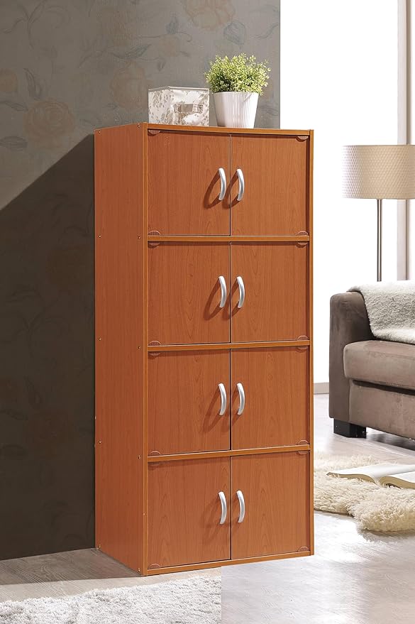 Hodedah 4-Shelf, 8-Door Bookcase Cabinet in Cherry