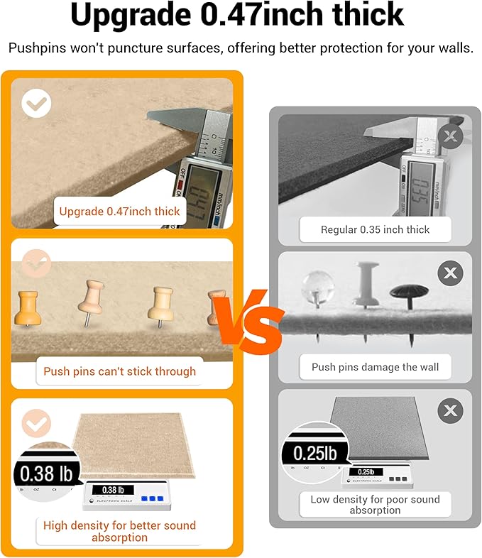 1/2" Thick Cork Board for Office, 6 Pack Felt Wall Tiles -28"x18" with Safe Adhesive Tabs, Large Bulletin Board, Push Pin Board Organizer Wall - Tan
