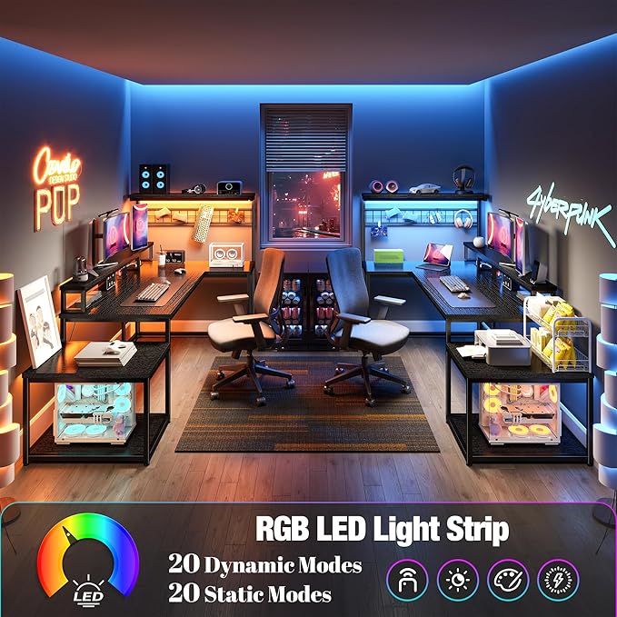 EnHomee 63" L Shaped Gaming Desk with LED Lights & Power Outlets,Reversible Corner Gaming Table with Storage Shelf & Hooks,Computer Desk with Monitor Stand & Print Stand for Bedroom,Home Office,Black