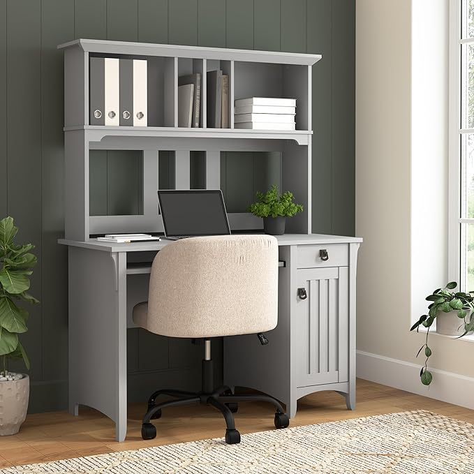 Bush Home Salinas Computer Desk with Hutch | Study Table with Drawers, Cabinets & Pullout Keyboard/Laptop Tray | Modern Home Office Desk in Cape Cod Gray | Work Desk with Storage