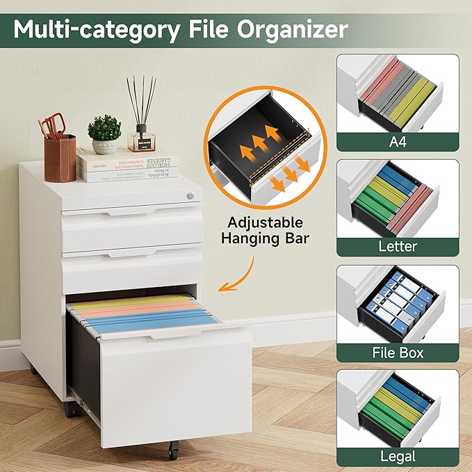 3 Drawer Metal Rolling File Cabinet with Lock, Under Desk Mobile Filing Cabinet for Home Office, Steel Storage Cabinet with Wheels for A4/Letter/Legal Documents, Easy Assembly, White