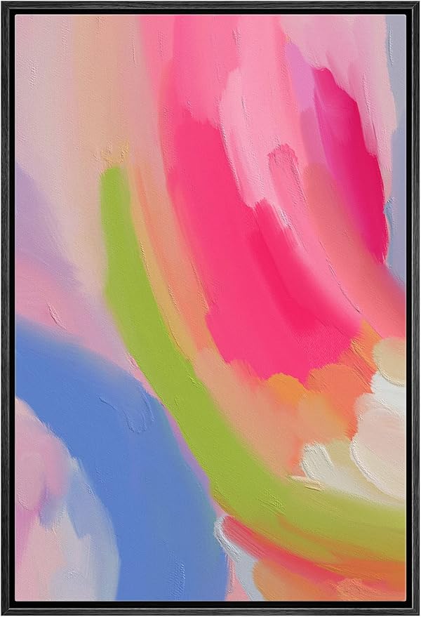 MUDECOR Framed Canvas Print Wall Art Vibrant Hot Pink Pastel Watercolors Abstract Shape Illustrations Modern Art Decorative Bohemian Colorful Chic for Living Room, Bedroom, Office - 16"x24" Black