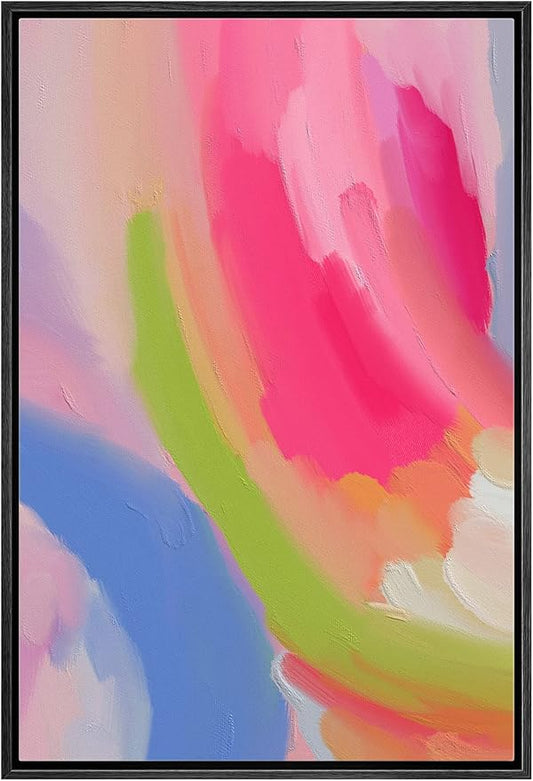 MUDECOR Framed Canvas Print Wall Art Vibrant Hot Pink Pastel Watercolors Abstract Shape Illustrations Modern Art Decorative Bohemian Colorful Chic for Living Room, Bedroom, Office - 16"x24" Black