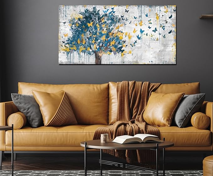 Kepgonegu Large Canvas Wall Art Blue Tree Golden Butterflies Picture Abstract Grey Graffiti Canvas Prints Ready to Hang for Living Room Bedroom Size 20x40