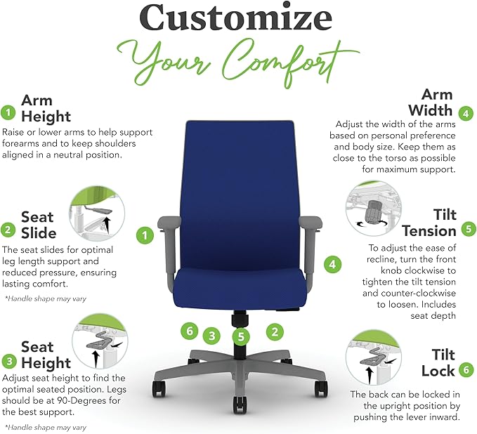 HON Ignition 2.0 Mid Back Task Chair, Spectrum Mesh, Standard Synchro-Tilt Control, Office Chair with Lumbar Support, Height and Width Adjustable Arms, Titanium Frame, Cobalt