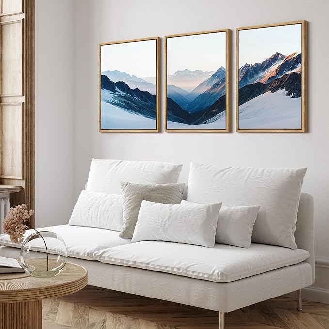 SIGNFORD Framed Wall Art Print Set Snowy Mountain Valley Majestic Winter Alpine Scene Digital Art Modern Art Contemporary for Living Room, Bedroom, Office - 24"x36"x3 Natural