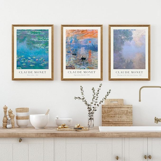 SYWENNOI Monet Impressionism Canvas Wall Art Set of 3, Classic Claude Monet Pieces Wall Decor, Water Lilies Sunrise and art Seine Landscape Art Prints for Living Room Bedroom Office 12x16 Wood Frames